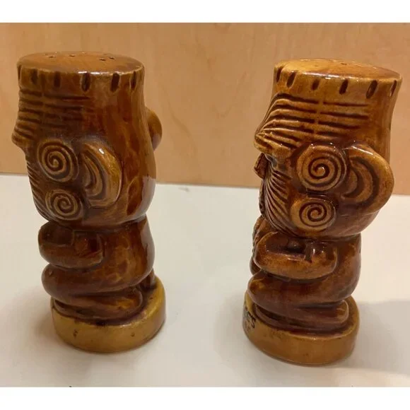 Vintage Bob Lees Islander Tiki Salt & Pepper Shaker Set Ceramic Brown Polynesian - Picture 3 of 11